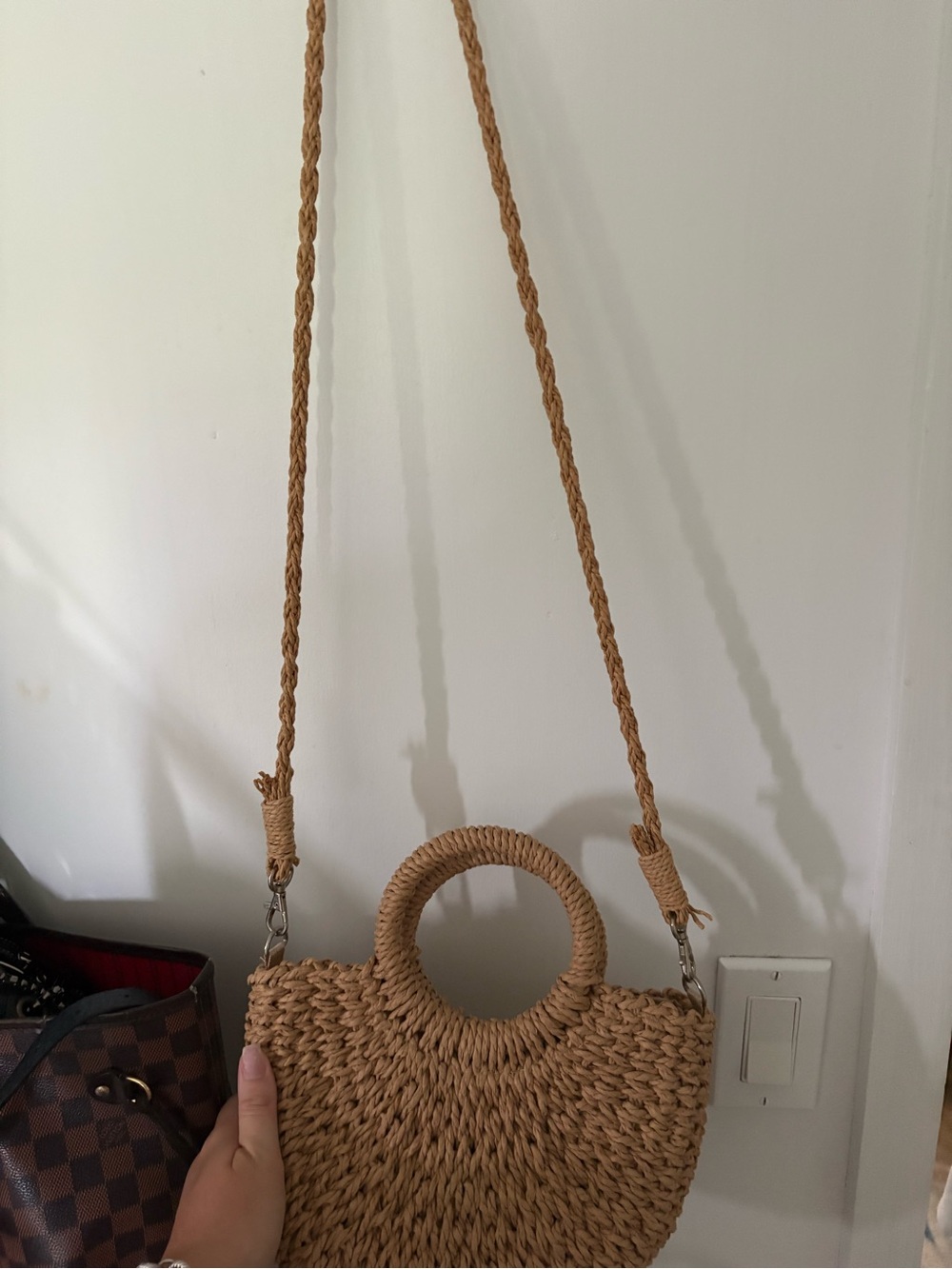 Woven Straw Circle Handle Crossbody Bag - Tan